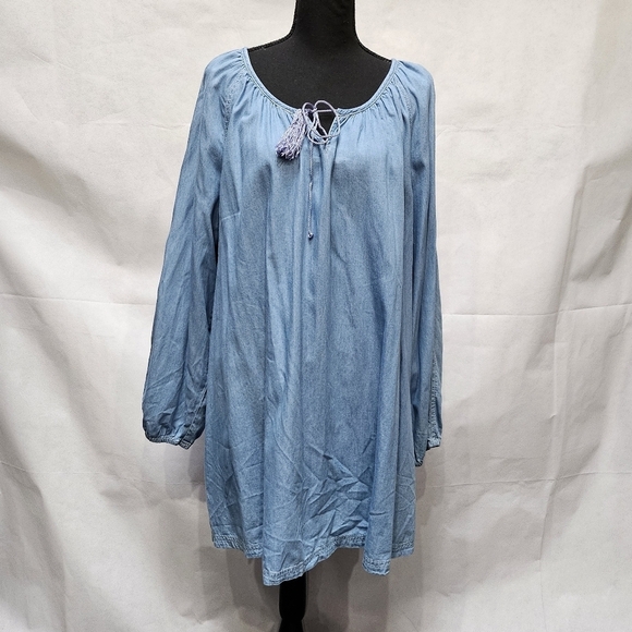 Ellos Blue Denim Tunic 100% Cotton With Tassle Tie Neck Size  1X - Picture 1 of 7